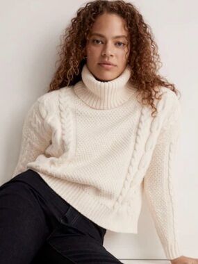 Madewell Cable Turtleneck Sweater Sz L Cream Cotton Blend Cableknit Fisherman